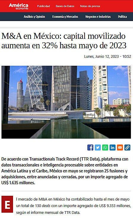 M&A en Mxico: capital movilizado aumenta en 32% hasta mayo de 2023